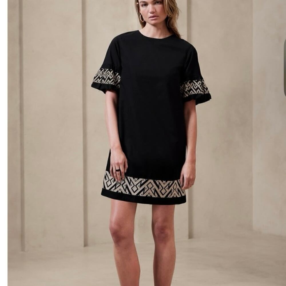 BANANA REPUBLIC FACTORY Black 100% Cotton Embroidered Puff Sleeve Mini Dress XL